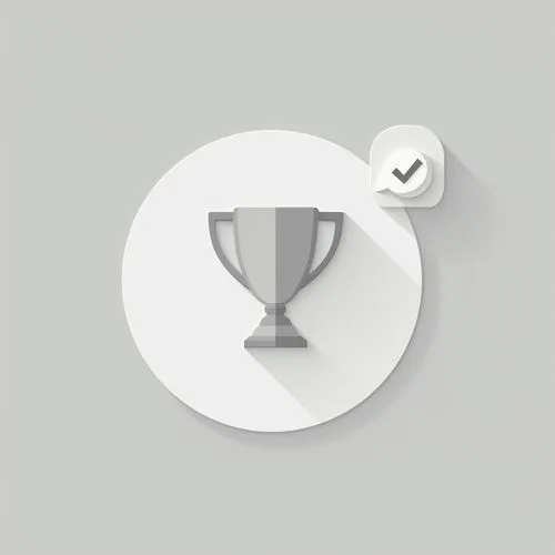 Minimalist flat vector illustration in soft grayscale tones. A light gray circular background with subtle gradient transitions for depth. A single, cleanly designed 'Success' symbol, such as a trophy,