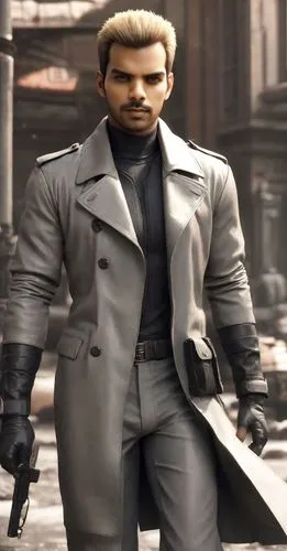 "Albert Wesker from Resident Evil, wearing his default black tactical outfit with a high-collar leather trench coat, textured for a slightly worn look. Rugged and muscular build, standing confidently 