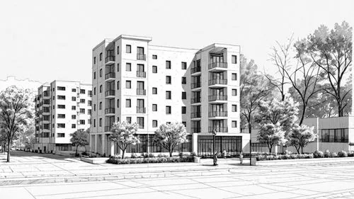 the drawing shows an architectural style of a modern apartment complex,residencial,new housing development,habitaciones,plattenbau,unitech,sketchup,inmobiliaria,redevelop,revit,europan,densification,c