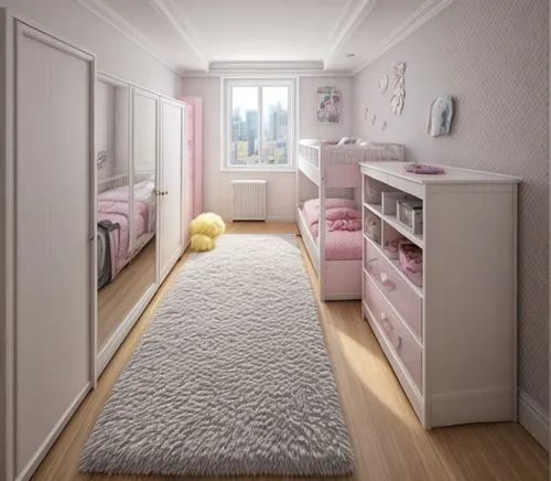 furry rug on floor, stuffed animal near bed,baby room,the little girl's room,children's bedroom,kids room,room newborn,baby bed,infant bed,nursery decoration,children's room,nursery,boy's room picture