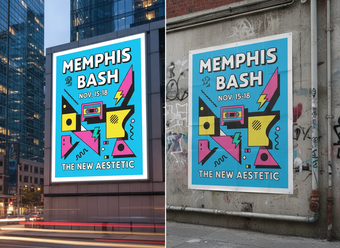 एक तैयार मेम्फिस डिज़ाइन इवेंट पोस्टर एक डिजिटल बिलबोर्ड पर और एक भौतिक प्रिंट पोस्टर के रूप में साथ-साथ दिखाया गया है।