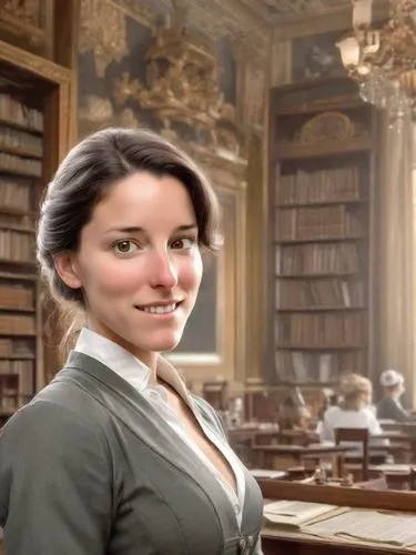 quiero que se vea como una mujer de negocios muy habil en las finanzas con mucho dinero y arquitecta de esta epoca, colores realistas
siglo 19 año 2025

,an artistic portrait of a woman in a liry,libr