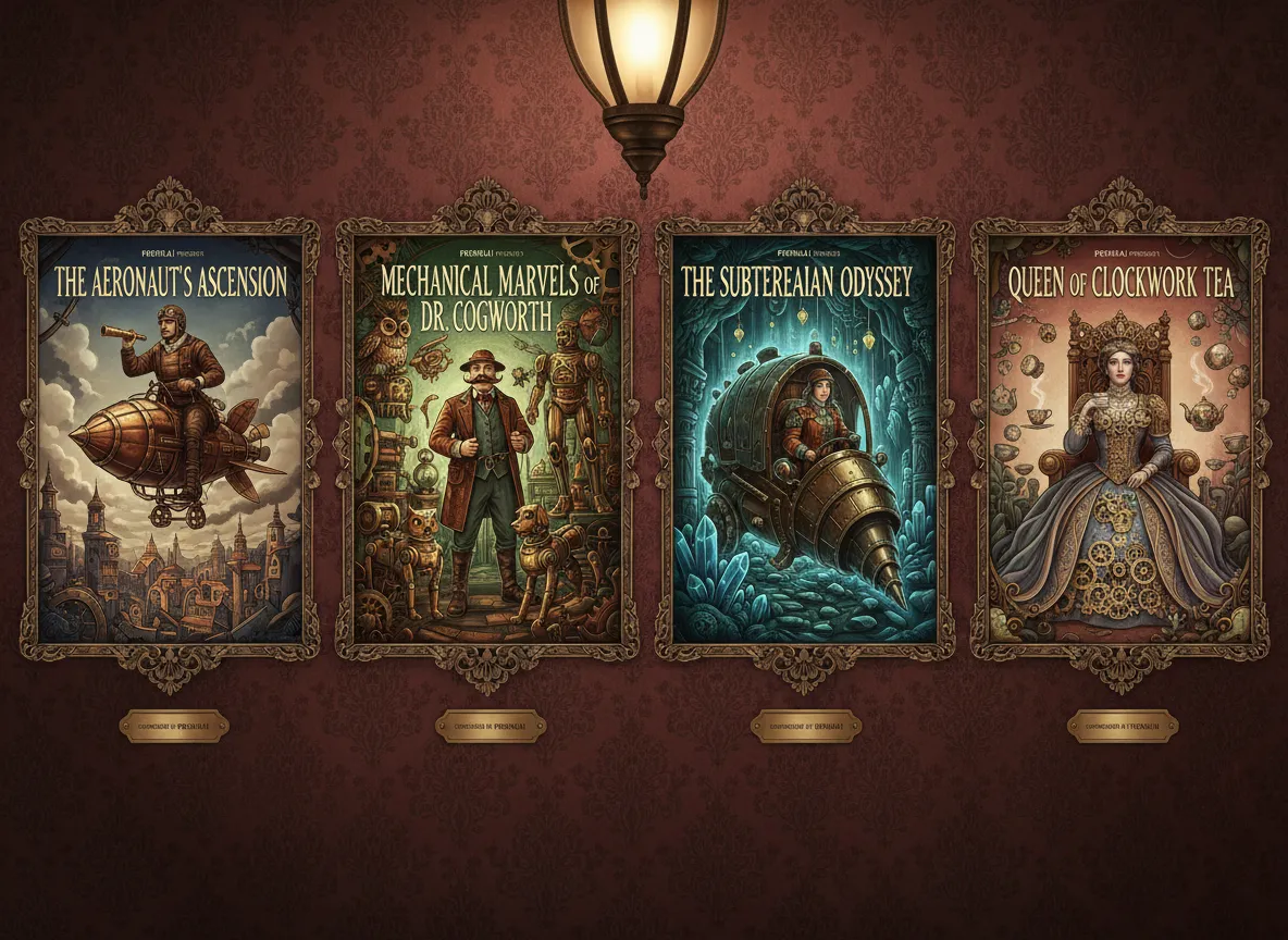 Una vista a galleria di quattro diversi concept di manifesti Victorian Steampunk generati da PromeAI, che mostrano una varietà di personaggi e macchine.