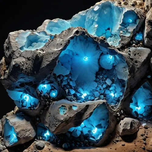 roccia spaccata nera con all'interno minerali blu fluorescenti ,a group of rocks with a glowing blue light on them,apatite,blue slag,geode,minerals,mineral,blue eggs,blue cave,geodes,topaz,chalcedony,