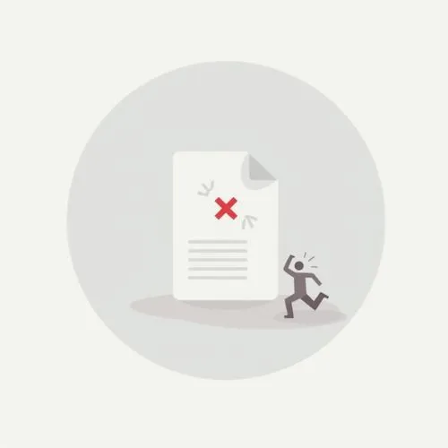 Minimalist flat vector illustration in soft grayscale tones. A light gray circular background with subtle gradient transitions for depth. A single, cleanly designed 'Failure' symbol, such as a red X m
