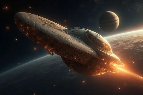 UNa nave espacial orbitando a Jupiter en el espacio,a close up of a satellite vehicle in the space,extant,asteroid,spacecraft,space ships,orbiting,parsec,space art,fast space cruiser,space ship,alien 