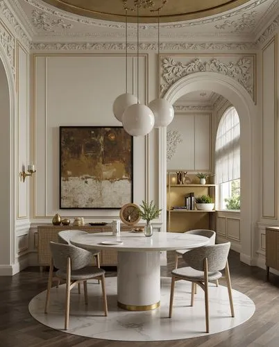 A European-style dining room featuring a marble dining table, high ceilings with intricate crown molding, and neutral tones accented with gold finishes.,the dining room with white table and gray chair