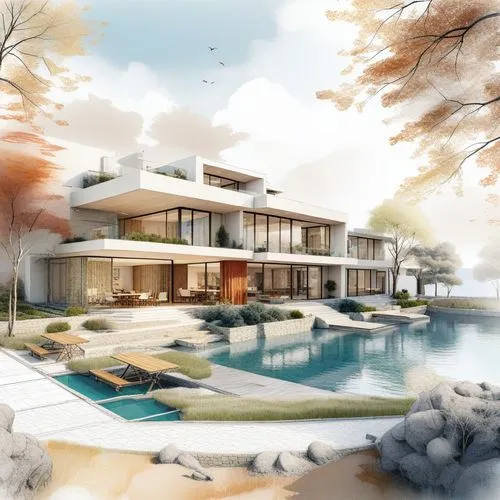 an artist's rendering of a modern villa,renderings,sketchup,3d rendering,modern house,dreamhouse,luxury home
