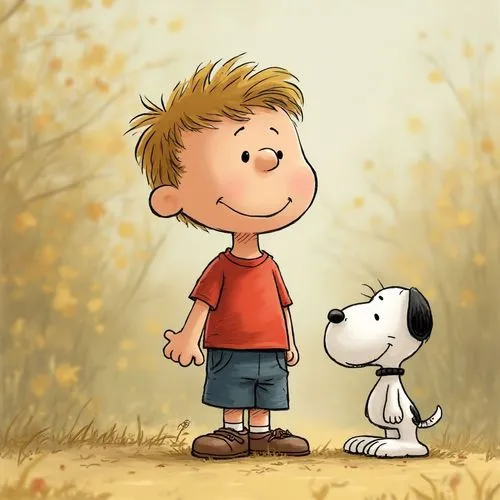 happy child in Peanuts Snoopy style with blurred background,a little boy is looking at a dog that is barking,boy and dog,snoopy,cute cartoon image,mutts,autumn walk,my dog and i,fall animals,little bo