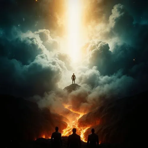 A cinematic, epic movie poster composition with a dramatic teal-and-orange color grade. The top portion of the frame features a brilliant, blinding golden light breaking through massive, cinematic sto
