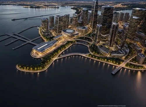 Modern city, by the lake, at dusk,barangaroo,marina bay,sharjah,dubai marina,futuristic architecture,skyscapers,artificial island,harbour city,vancouver,tallest hotel dubai,urban development,lakeshore
