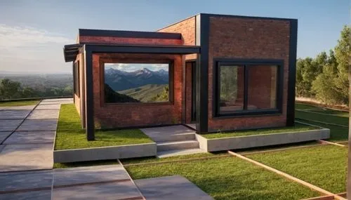 que la ventana refleje un cielo con sierras lejanas

,an empty building with a door in it that opens onto grass,cubic house,cube house,frame house,mirror house,cube stilt houses,prefab,modern architec