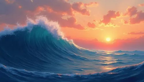 A detailed digital illustration of the ocean's beauty, a painting in fusion with the twilight sky, capturing the subtle variations of the land. The focus is on the fine details of the water's colors, 