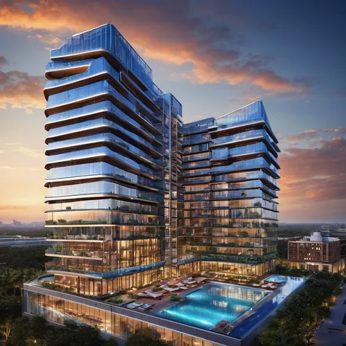 Two 14 stories, solor glass, renewable energies,  triangular outer buildings, one separate 14 stories octagonal center building, three pools, one rooftop deck pool, balconies on one building,,largest 