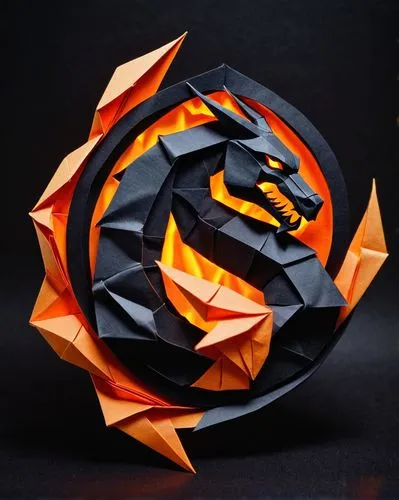ORIGAMI forming Mortal Kombat logo in 3D, black and orange fire colors
,core shadow eclipse,firespin,paper art,low poly,paper ball,vector ball,low-poly,fire ring,dragon design,molten,dodecahedron,blac