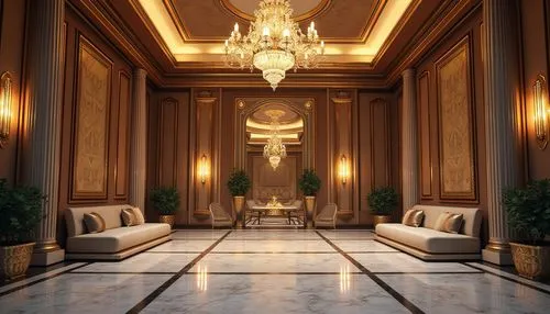 Elegant pavilion, art deco architecture, luxurious materials, metallic accents, ornate patterns, opulent furnishings, lavish chandeliers, marble floors, intricate moldings, velvet drapes, polished woo