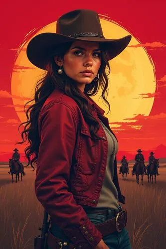 red dead redemption artwork portrait poster of this beautiful young 25 years old woman, cowboy, she wears a cowboy hat and holds a rifle, texas indian people and sun in background, artwork in the styl