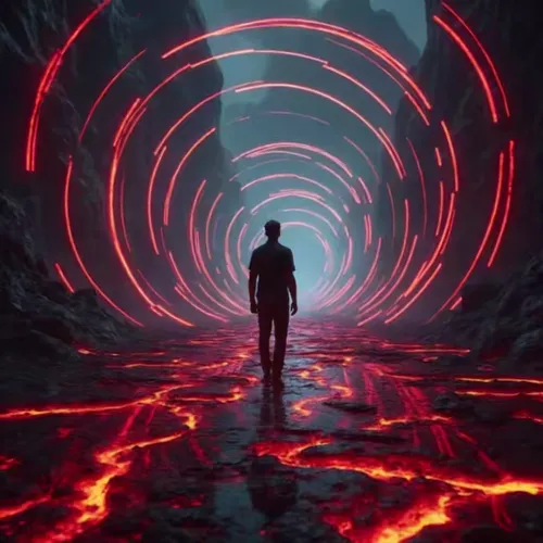 man walking through flowing lava,lava,vortex,vertigo,descent,red matrix,krypton,audiovisuals,inferno,door to hell,lava balls,wormholes,enter,rift,ice cave,lava river,visualizer,volcanic,entering,cool 