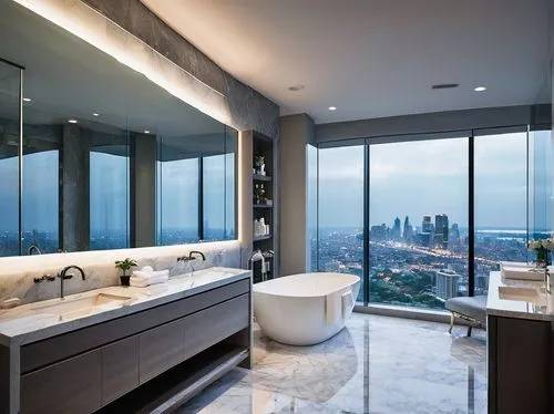 Luxurious modern bathroom, marble countertops, freestanding tub, floor-to-ceiling windows, cityscape view, minimalist chic, sleek lines, LED lighting, wall-mounted sink, rainfall showerhead, glass enc