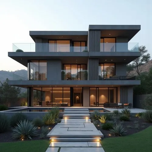 A hyper-realistic, high-resolution architectural photograph of a multi-level, contemporary luxury residence featuring a sleek, geometric design. The exterior is composed of smooth, matte charcoal-gray