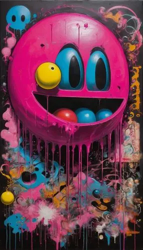 a baroque portrait painting of a pac-man , bright pink graffitti over it,tagging-like marks, group zero, made of all of the above, dark academia, visible paintbrush



































