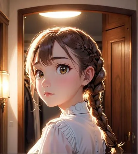 An anime portrait of a beautiful caucasian young woman with long brown hair and a braid, 21 years old, dressed in a white minidress with neckline, standing on her back with her head tilted backward, g