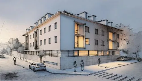 a sketch of a large white building on a snowy day,arkitekter,appartment building,passivhaus,revit,3d rendering,plattenbau,cubic house,residencial,modern building,sketchup,europan,progestogen,facade in