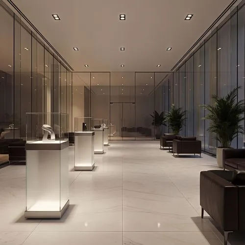 luxury corporate showroom, modern interior exhibition design, glass walls, marble floor, clean layout, product display pedestals, spotlight lighting, elegant atmosphere, architectural visualization, p