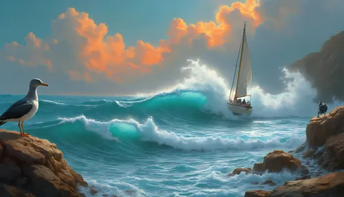 a bird on the rocks in front of an ocean wave,world digital painting,sea landscape,seascape,sea birds,donsky,birds of the sea,fantasy picture,coastal landscape,seabirds,sailing boat,seascapes,fantasy 