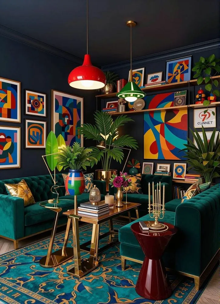 an eclectic living room with a blue and green color scheme