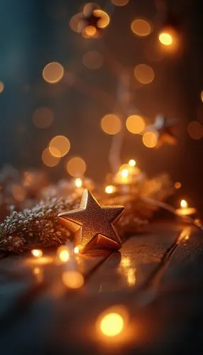 A storybook Christmas wallpaper featuring fairy lights, styled with warm hues tones, evoking a festive and cheerful atmosphere.,a star ornament on top of some light boke,bokeh lights,christmasstars,bo