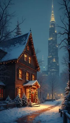 A magical Christmas wallpaper featuring cozy exterior, styled with monochrome tones, evoking a festive and cheerful atmosphere.,a street view of a house on christmas eve,winter night,winter house,chri