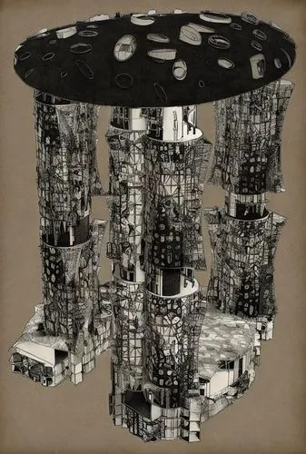 a Modern Building,an abstract picture with some buildings in it,column of dice,steel tower,percolator,retro lampshade,countersunk,the energy tower,penny tree,chain carousel,play tower,cube stilt house