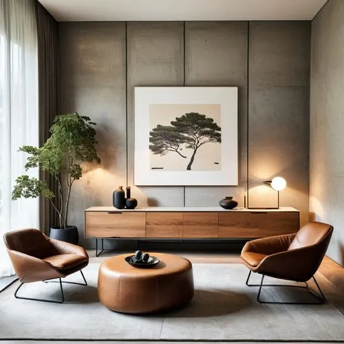 Create a photorealistic portrait of a Generation X individual situated in a spacious and stylish living room that reflects the concept of quiet luxury and eco-conscious consumption. The background sho