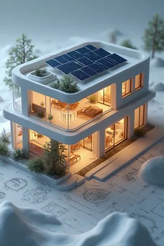 detailed architectural model of a legendary modern utilitarian Ultra-efficient solar-powered house. The model is rendered in a monochromatic, engineering style and is illuminated from within,


detail