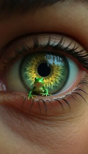 Human eye, macro, with a small green frog inside. The pupil of the eye presents a complex pattern, with shades of green and yellow, imitating an ecosystem. The frog is positioned in the center of the 