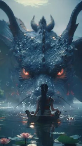 a woman sitting in a boat in front of a dragon, ((lotus floating)) on waters, a picture, by Mike Winkelmann, vfx film closeup, beeple. octane render, cinematic, dragon eyes, taken with sony alpha 9,dr