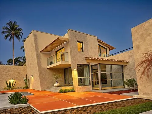 A contemporary, two-story, Mexican-style house at dusk, with dim ambient lighting and a starry sky amidst a tropical landscape. It is predominantly white, with a bright yellow accent wall as its disti