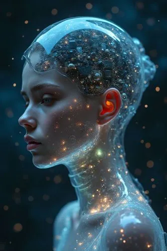 Transparent woman, we can see the inside made of electronics, high fashion photography, shallow depth of field,a woman with glowing space behind her and her head is connected to an electronic device,h