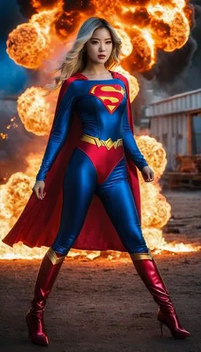 lisa blackpink, cosplay , superman suit  realistic style, no mask, no pant, fire and explosion in background, elegant, glamour,a very cute lady in a superman suit by a bunch of fire,super heroine,supe