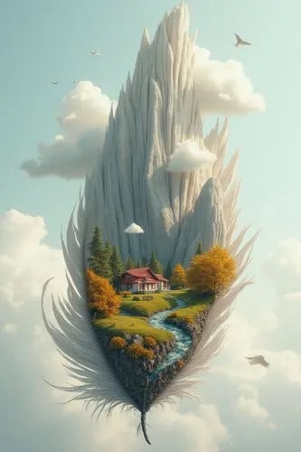 A surreal and whimsical composition of a large, detailed feather containing an entire miniature landscape within its curves. Inside the feather: a peaceful countryside with a small red-roofed cottage,