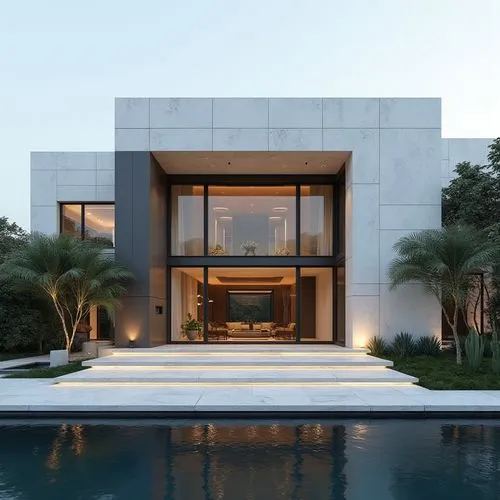 A hyper-realistic, high-resolution architectural photograph capturing a grand, ultra-modern luxury mansion at twilight. The building’s façade is composed of smooth white stone panels contrasted with s