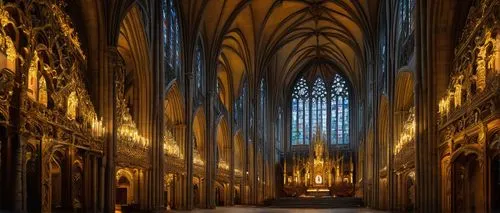 Ornate Baroque Gothic cathedral, grandiose entrance, intricately carved stone facade, soaring vaulted ceilings, stained glass windows, pointed arches, ribbed domes, delicate gargoyles, mystical sculpt
