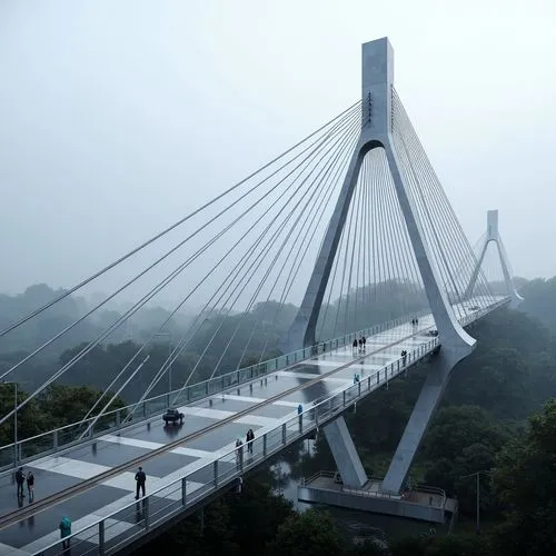 Futuristic suspension bridge, sleek cable-stayed design, gleaming silver accents, iridescent LED lighting, translucent glass walkways, advanced composite materials, high-strength carbon fiber, durable