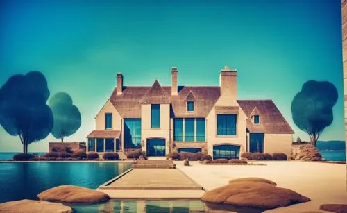 glass bricks tiles garden sunlight blue sky landscape people lake trees seaside waterfront,a large home with water in front of it,house by the water,model house,summer cottage,beach house,house with l