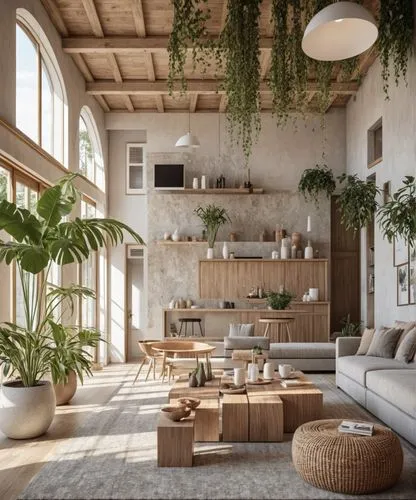 a room that has a couch, some plants and a chair,house plants,loft,houseplants,living room,houseplant,modern decor,Photography,General,Realistic