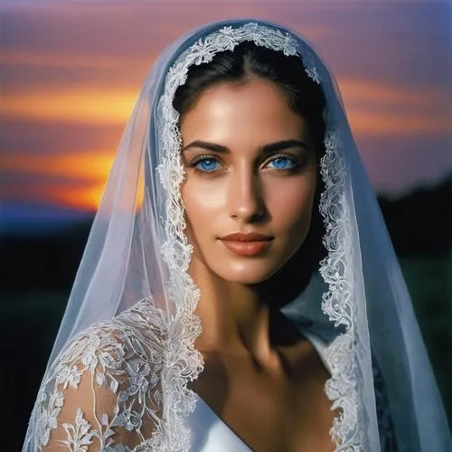In this stunning image, a woman with a single, ethereal smile and glowing blue eyes gazes out of the frame, her body adorned with a thick benetrable veil. Her body is pure and tranquil, as if she is g