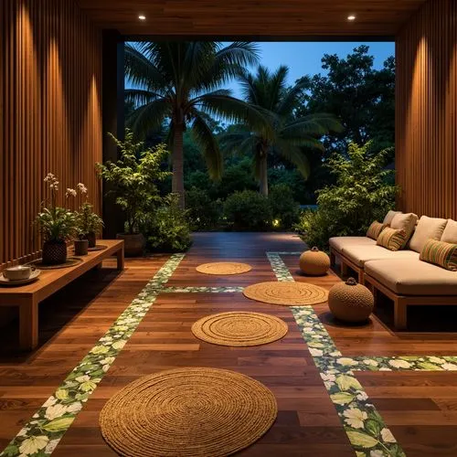 Exotic hardwood floors, polished wooden surfaces, natural fiber rugs, woven bamboo mats, tropical leaf patterns, vibrant colorful tiles, glossy epoxy coatings, iridescent shell inlays, reclaimed wood 
