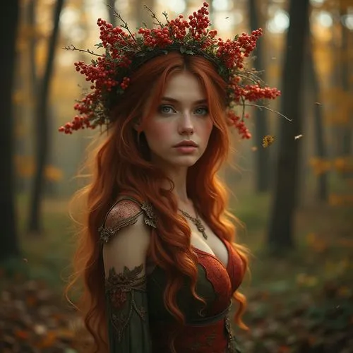 сказочная прекрасная лесная нимфа в осеннем лесу, венок с цветочками красной рябины, фотореализм, красиво, реалистично,  профессиональное фото, высокое разрешение,a woman in an orange dress with red f