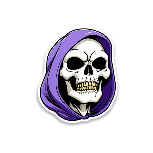 Cartoon skeletor Sticker, white background , soft violet tones, die cut sticker, no image noise,twitch logo,skeleltt,twitch icon,day of the dead icons,calavera,calaverita sugar,scull,day of the dead s